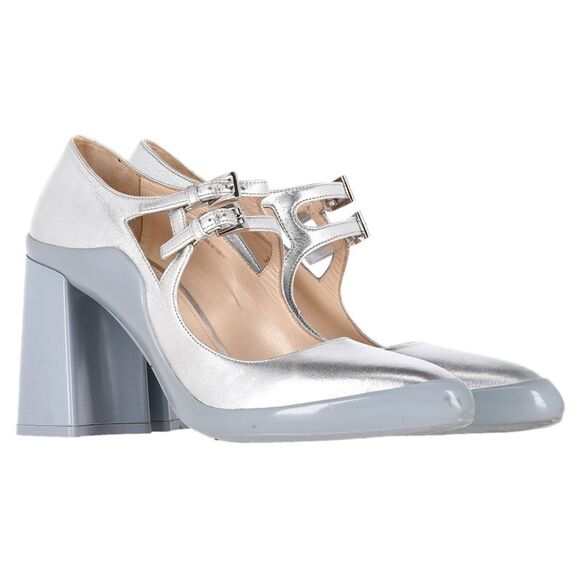 Prada Double Strap Mary Jane Block-Heeled Pumps in Silver Leather - Picture 9 of 12